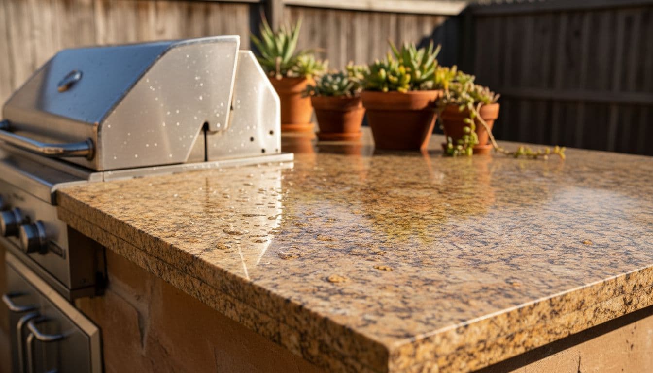 Closeup of durable stone countertop with water droplets in a sunny North Texas backyard outdoor kitchen, stainless steel grill nearby, potted plants, wooden fence, cinematic style with dramatic lighting and warm earthy tones.