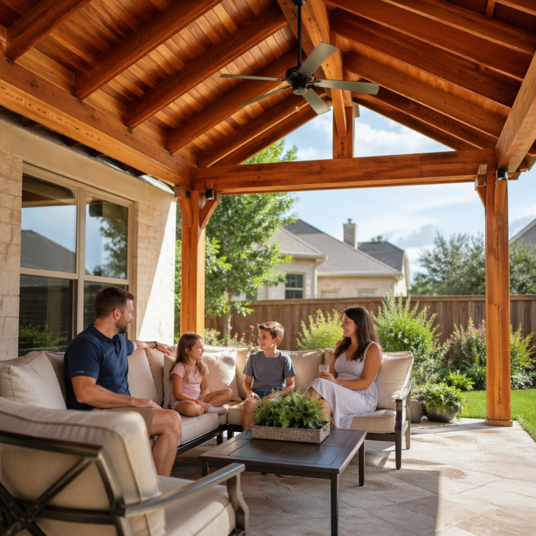 Happy family relaxing under a cedar patio cover, sitting on outdoor furniture, enjoying shade on a sunny day
