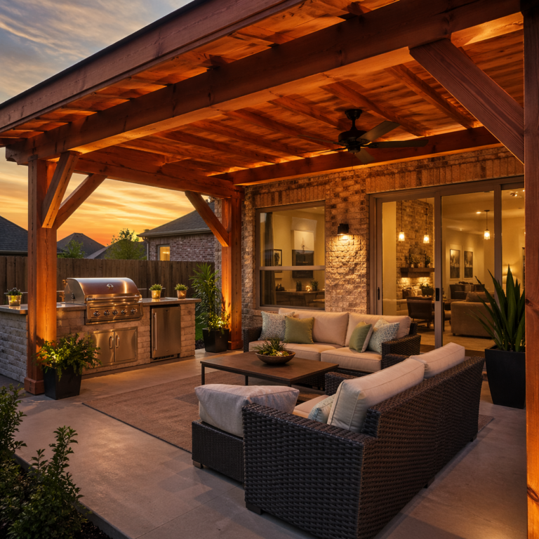 High end outdoor living space under a cedar patio cover, featuring outdoor kitchen, grill, ceiling fan, and lounge seating, rich wood grain of Western Red Cedar beams