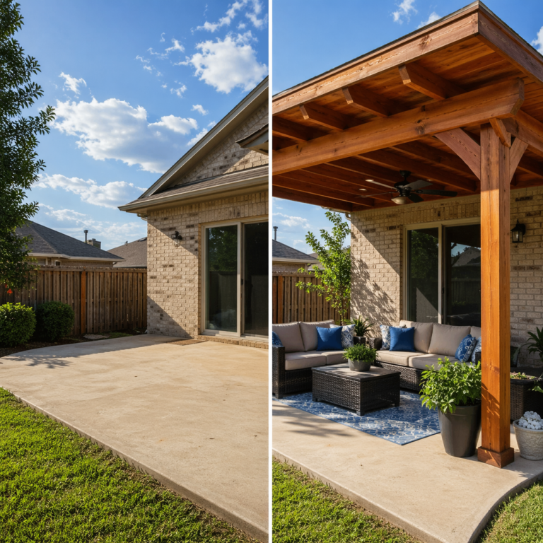 Left side shows a plain uncovered concrete patio in harsh Texas sunlight, right side shows the same patio upgraded with a beautiful cedar patio cover