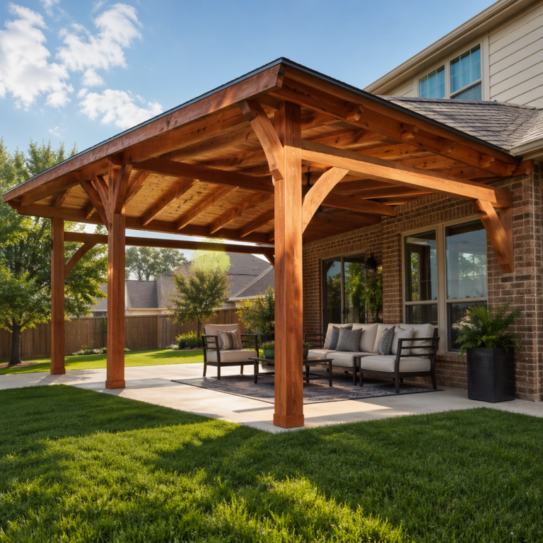 Modern Texas backyard featuring a custom cedar patio cover made from rich Western Red Cedar, attached to a brick home