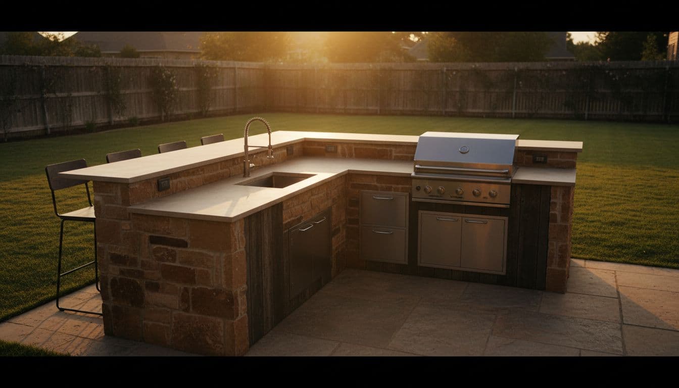 A modern L-shaped outdoor kitchen in a spacious North Texas backyard at golden hour, with grill, sink, bar seating, stainless steel appliances, and stone counters amid lush lawn and fence. Cinematic style features strong contrast, depth, dramatic lighting, and warm earthy tones with exactly one prep area visible.