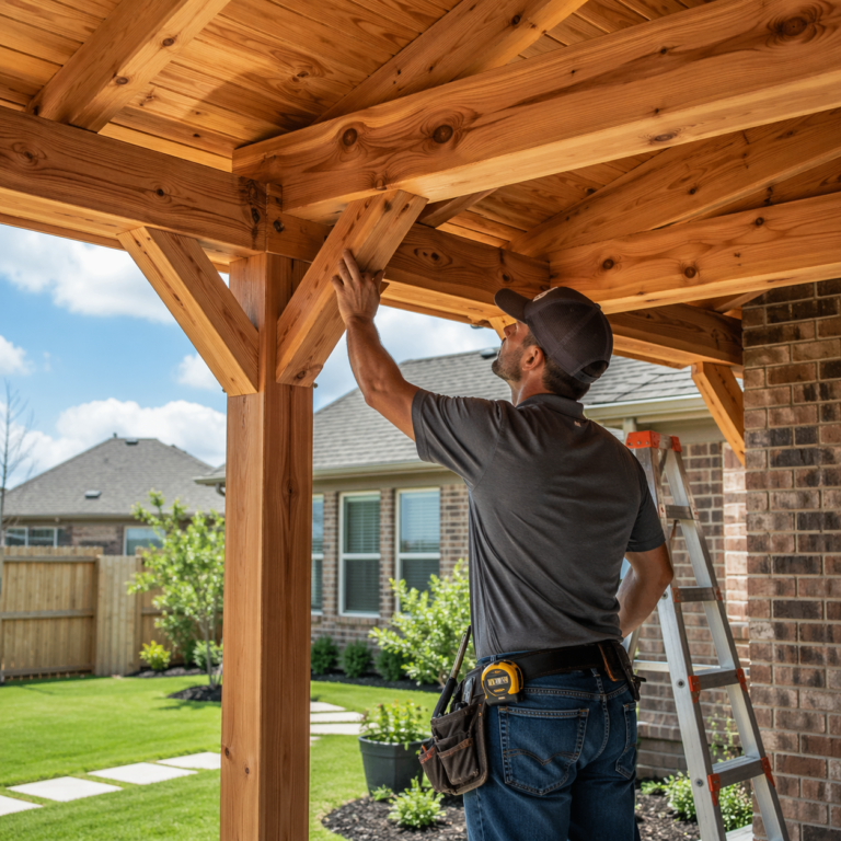 Professional contractor inspecting a cedar patio cover structure, focusing on beam connections and craftsmanship, Western Red Cedar texture visible