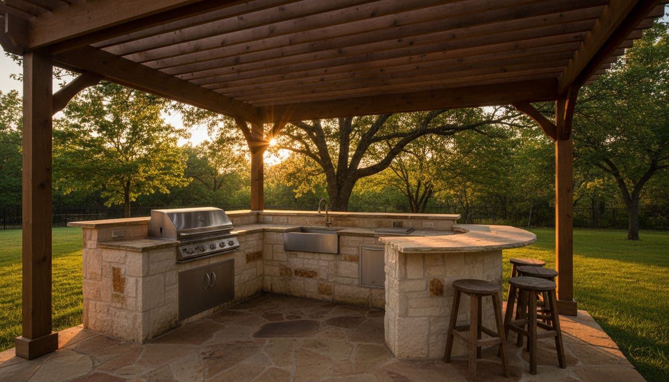 L-shaped outdoor kitchen in a Denton TX backyard under a wooden cedar patio cover, featuring grill, sink, seating, with evening light filtering through slats onto green lawn and trees.
