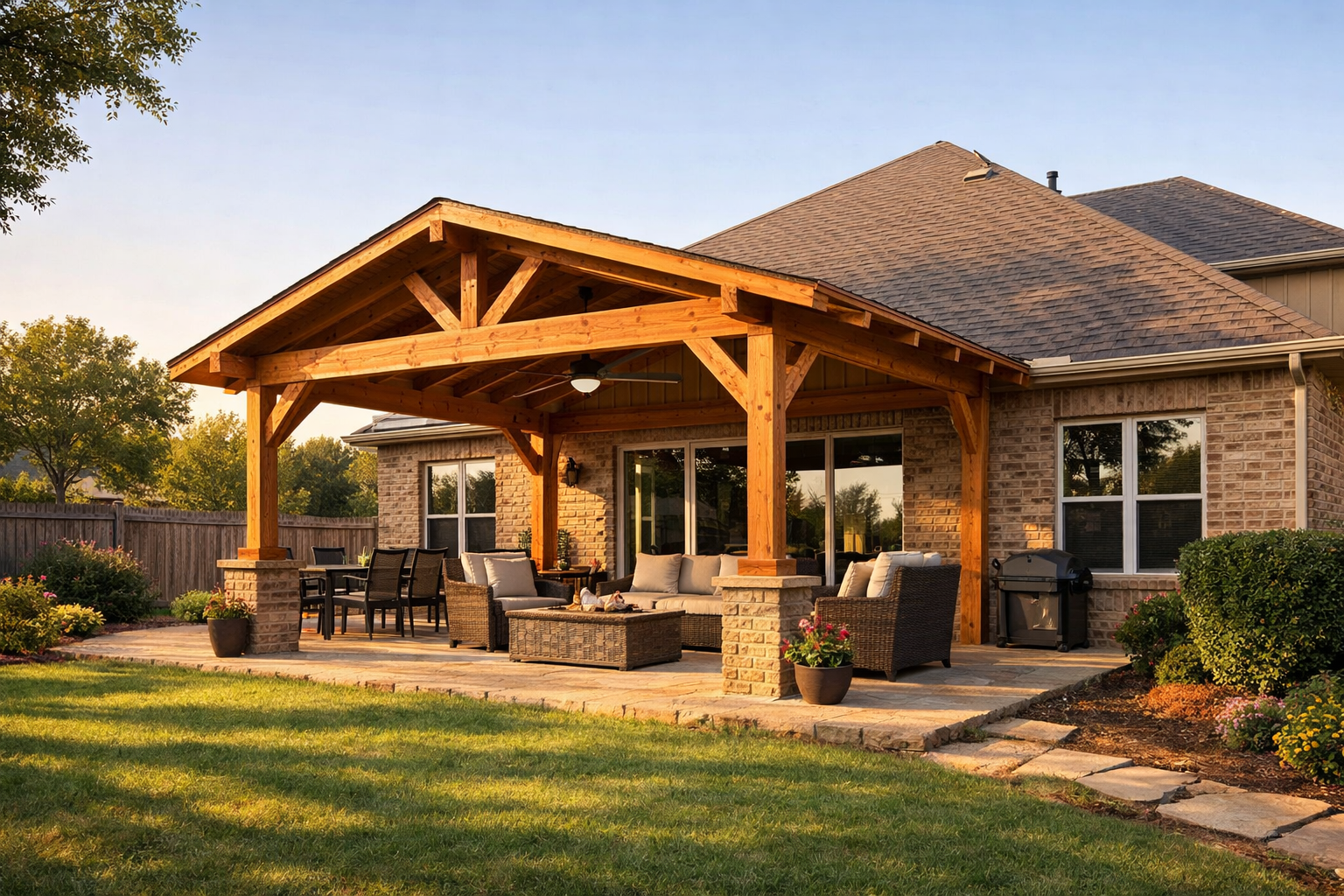 Cedar patio cover attached to a North Texas home with outdoor seating underneath