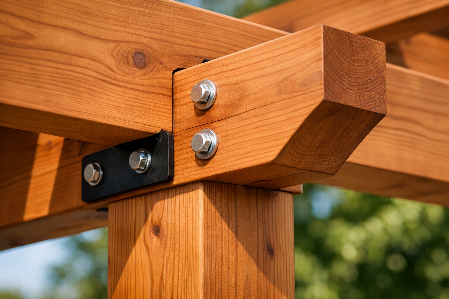 Close-up of cedar patio cover joinery showing clean beam-to-post connections and visible wood grain