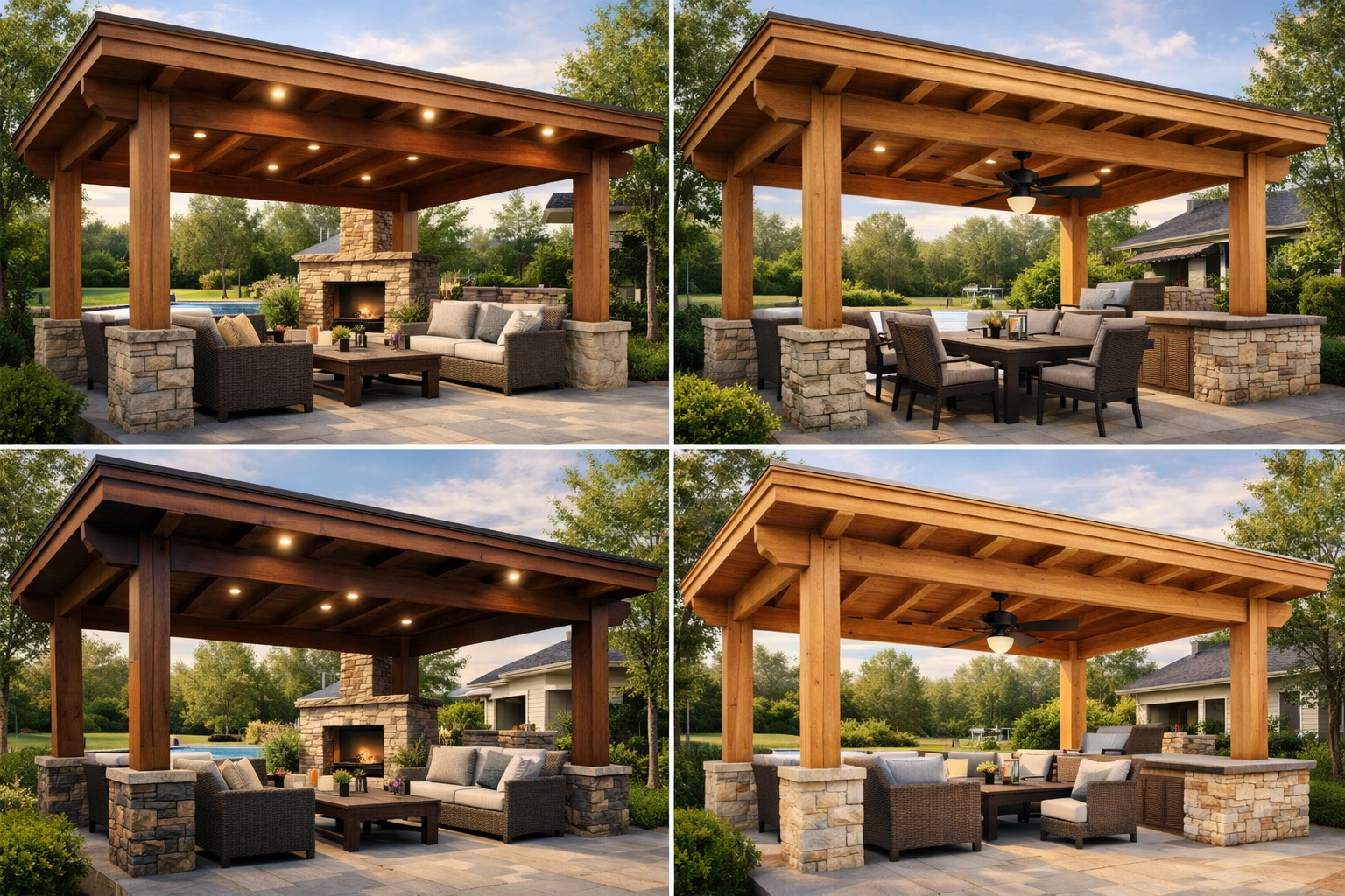 Collage showing cedar patio cover customization options including lighting, ceiling fan, and stain finishes