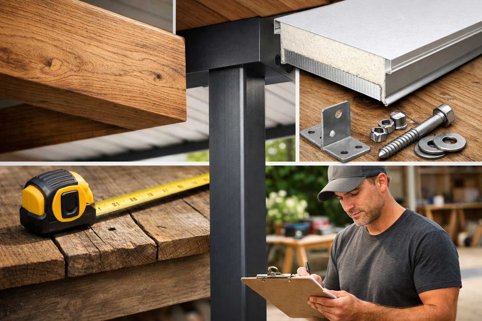 Construction details of patio cover materials including wood beams, aluminum posts, insulated roof panel cross-section, and contractor planning tools