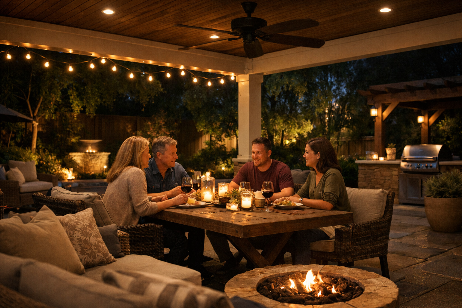 Evening gathering under a covered patio with warm lighting, a ceiling fan, and people enjoying dinner outside