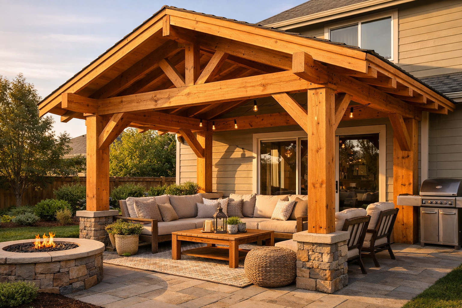 Custom cedar patio cover attached to a suburban home with warm cedar beams and outdoor seating in late afternoon light
