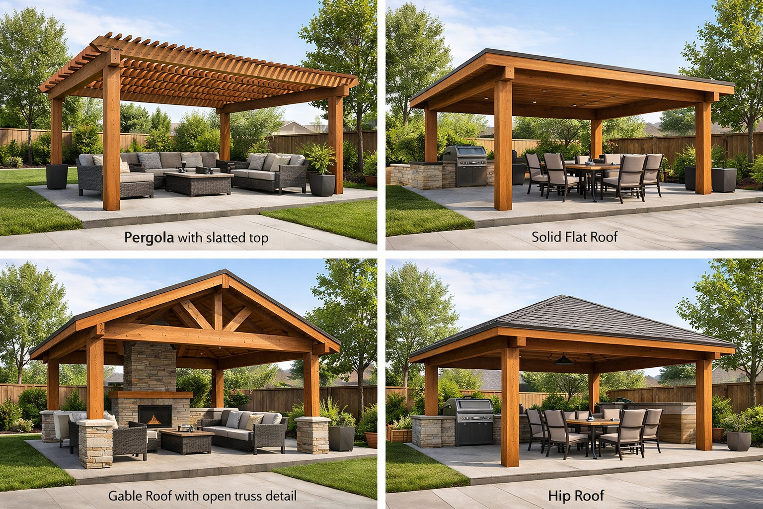 Collage of cedar patio cover styles including pergola, solid flat roof, gable roof with open truss detail, and hip roof
