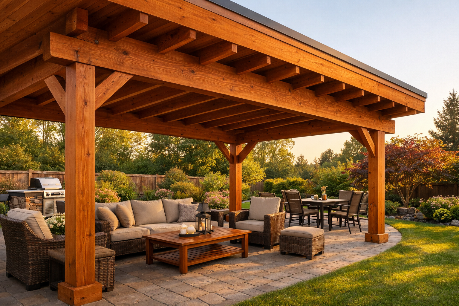 Backyard patio with a newly built cedar patio cover in warm cedar tones and clean beams