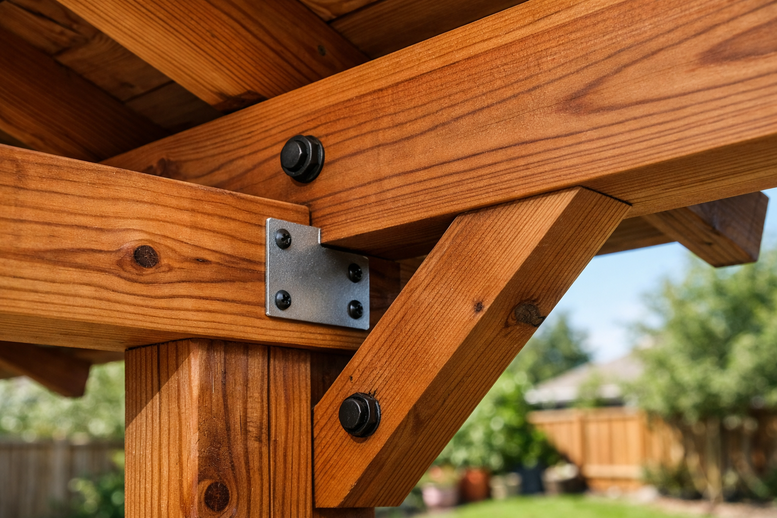 Close-up of cedar beams and rafters showing wood grain and clean joinery
