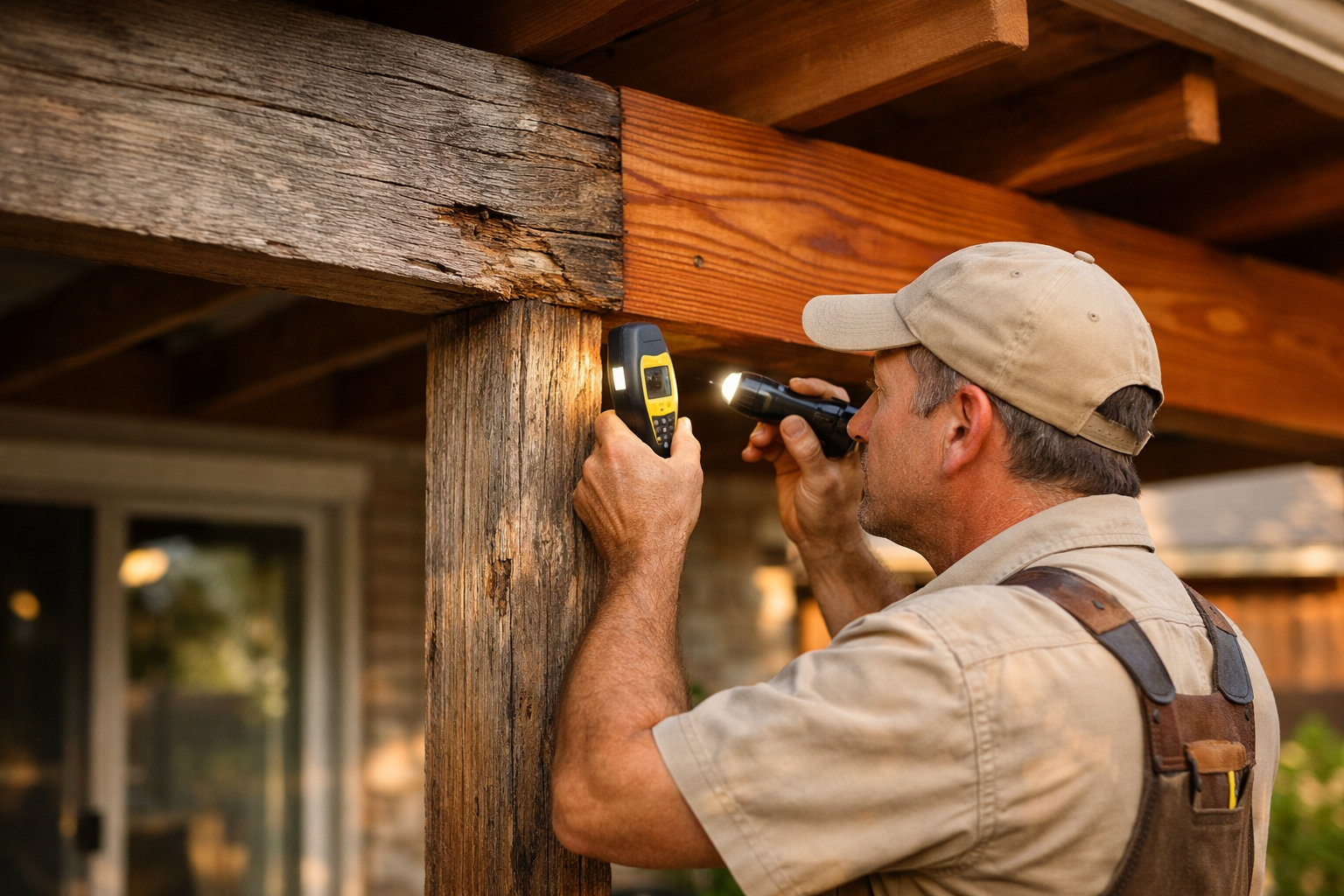 Contractor using moisture meter on cedar beam ledger connection for Texas patio cover