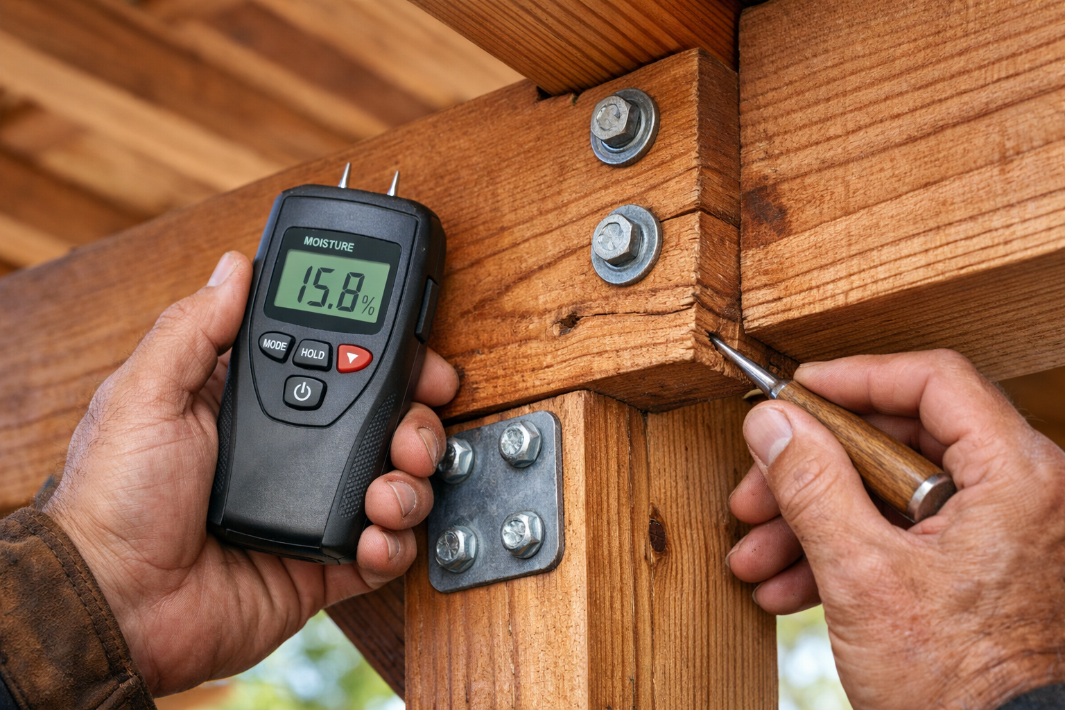 Close-up of a contractor using a moisture meter and probe to inspect a cedar beam joint with brackets and lag screws