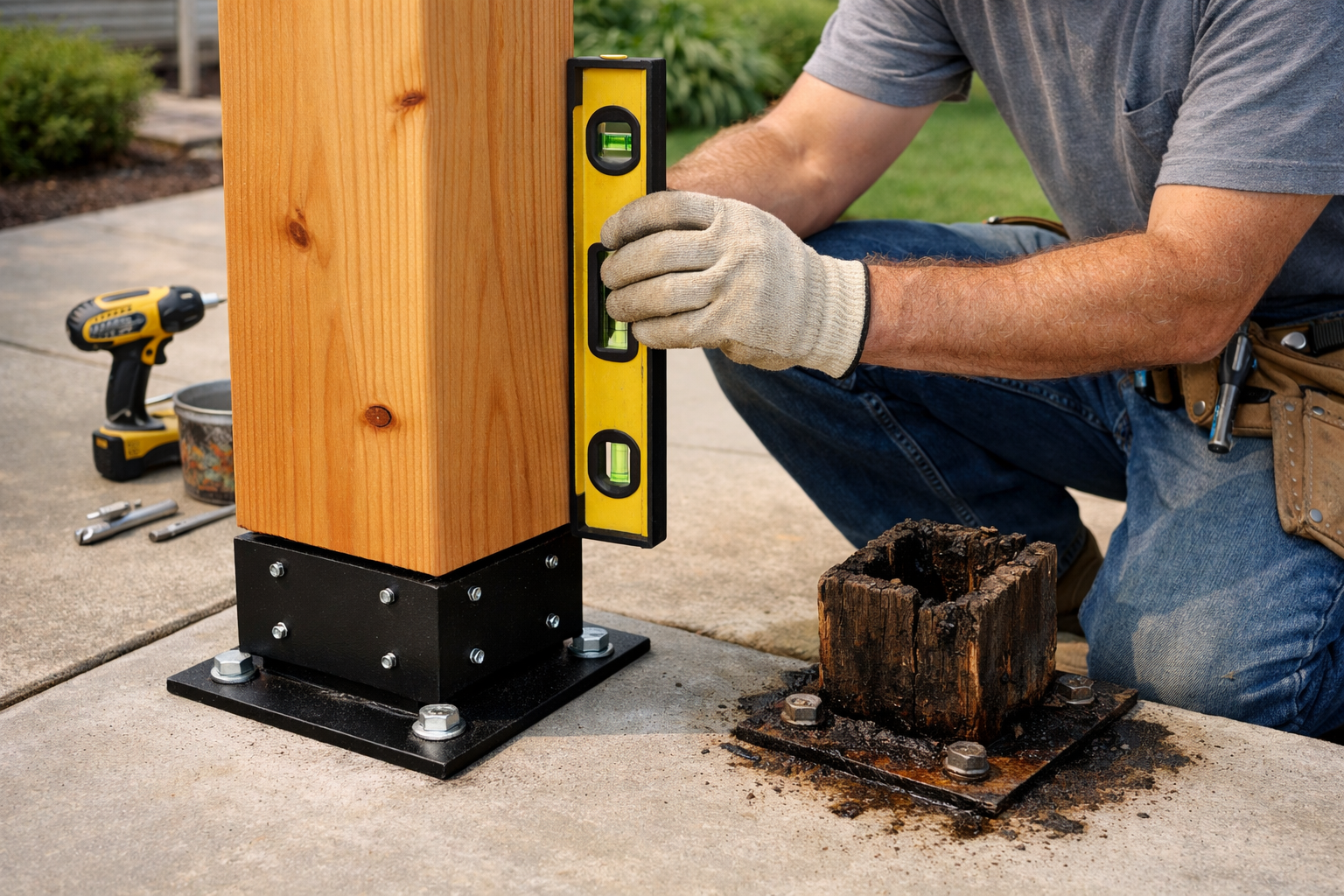 New cedar post installed on a black metal stand-off base anchored to concrete while a contractor checks plumb with a level