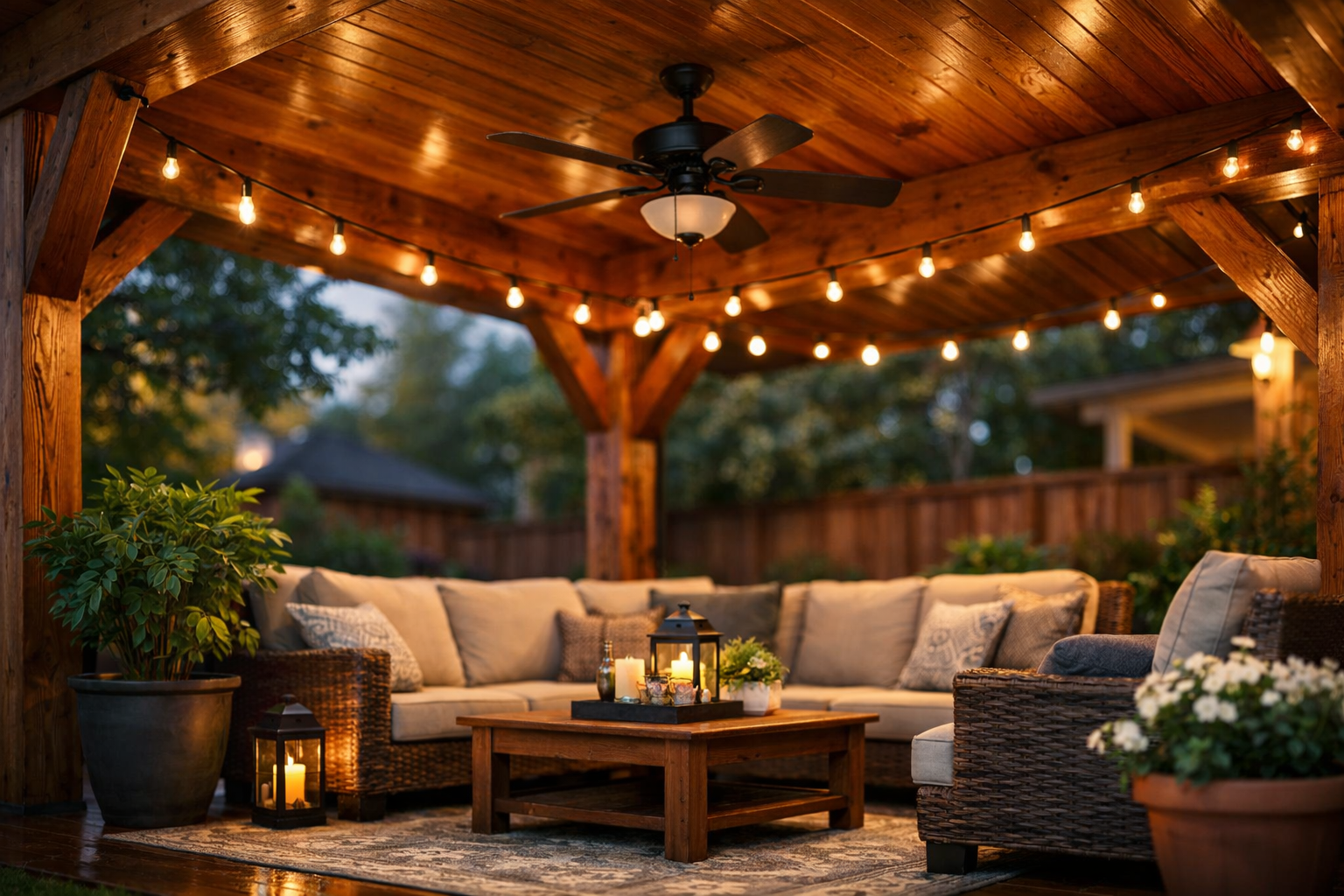 Warm stained cedar patio cover in a backyard seating area with string lights, ceiling fan, and plants at dusk