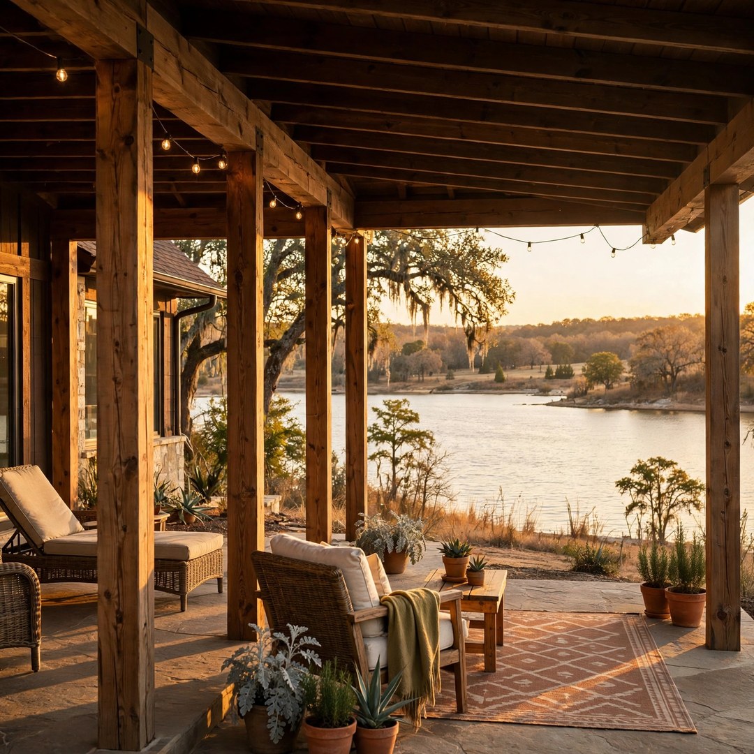 Covered patio overlooking a lake at golden hour in the Lake Cities