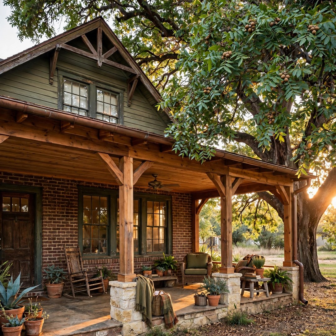 Cedar patio cover on an older craftsman-style Texas home