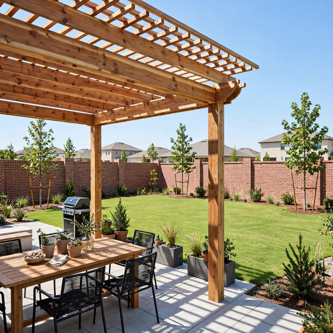 Cedar pergola in a newer master-planned community backyard in North Texas