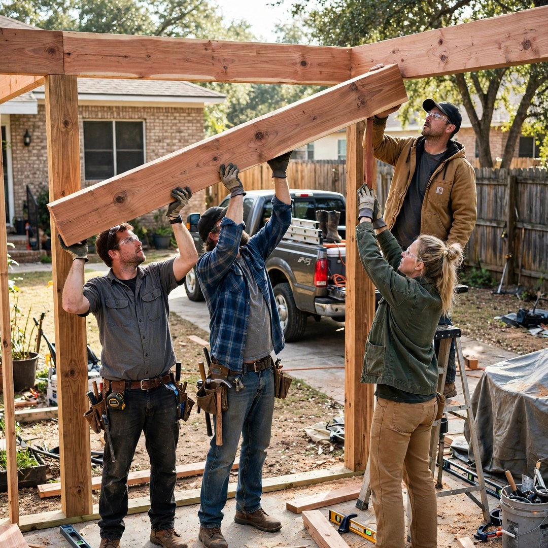 Patio Covers Corinth TX 8 Build crew raising a heavy cedar beam into place on a patio cover frame
