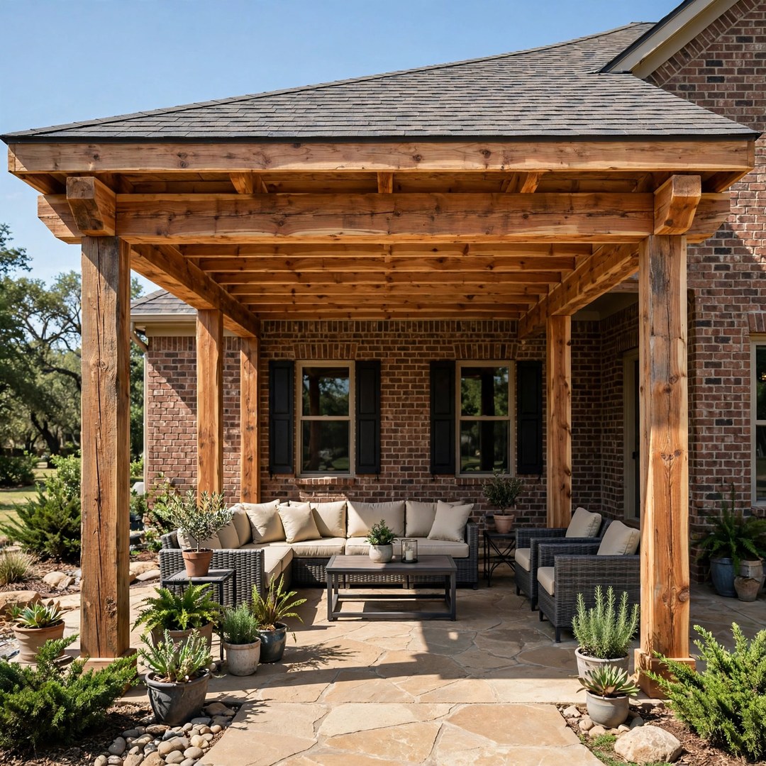 Patio Covers Corinth TX 2 Finished cedar patio cover over a backyard patio in Corinth, TX