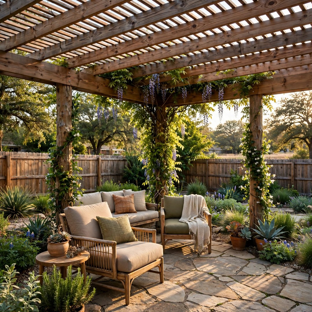 Patio Covers Corinth TX 3 Cedar pergola casting striped shade over a garden patio sitting area
