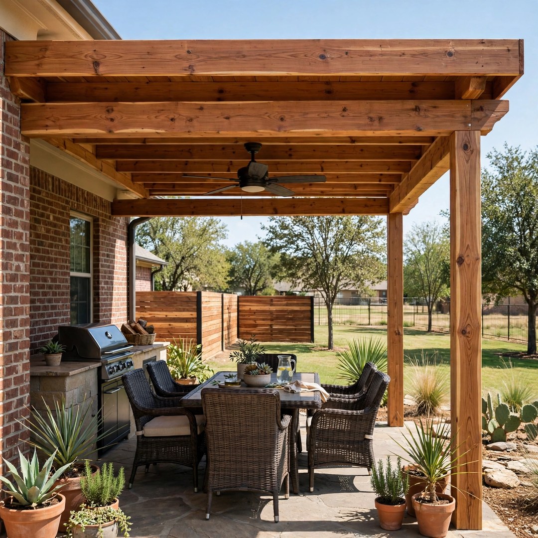 Cedar patio cover shading a backyard patio in North Texas