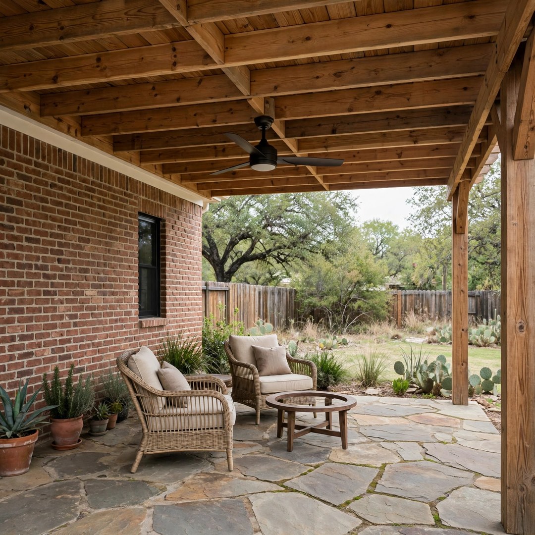 Cedar patio cover with a ceiling fan over a stone patio in Corinth, TX