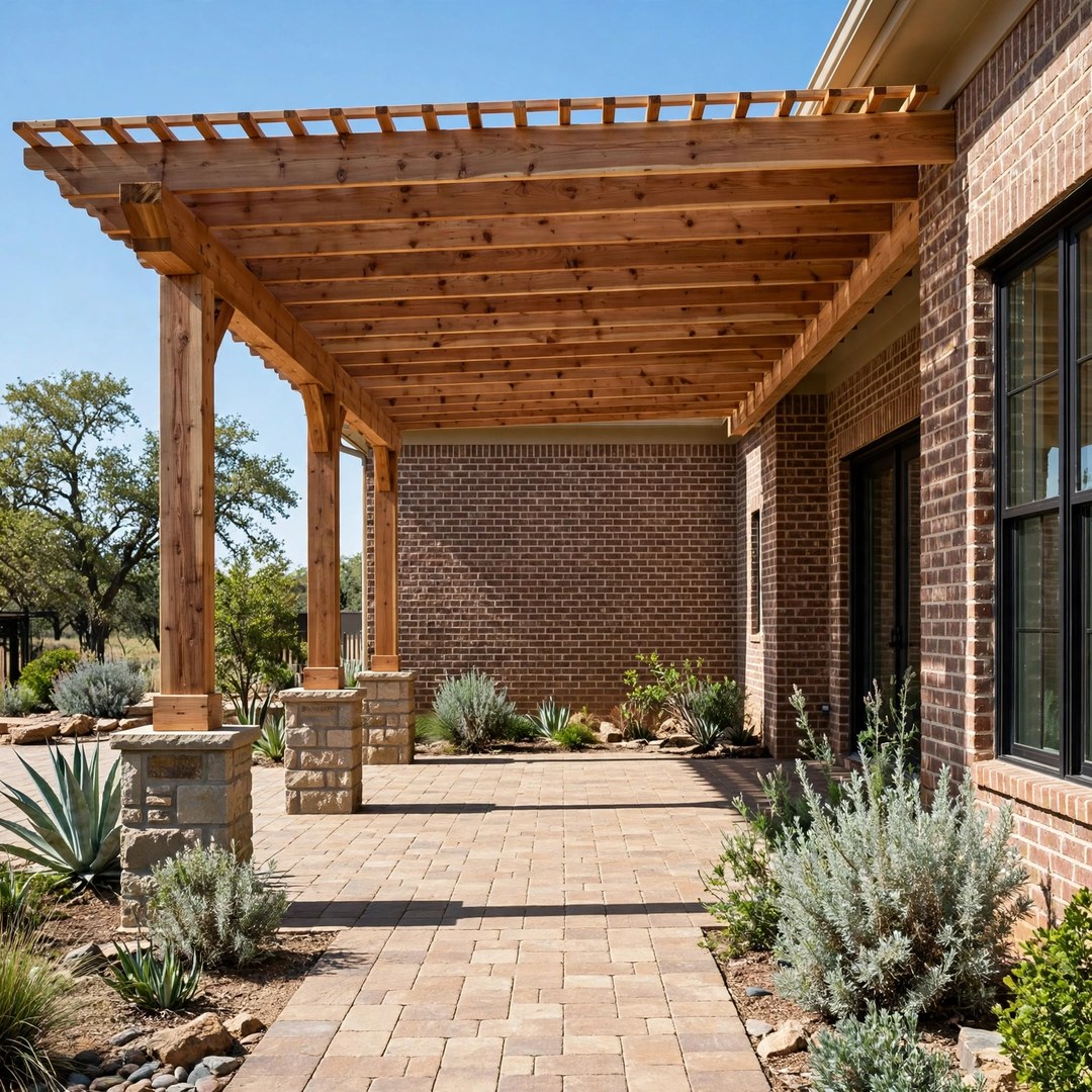 Cedar patio cover over a paved patio beside a brick home in Corinth, TX