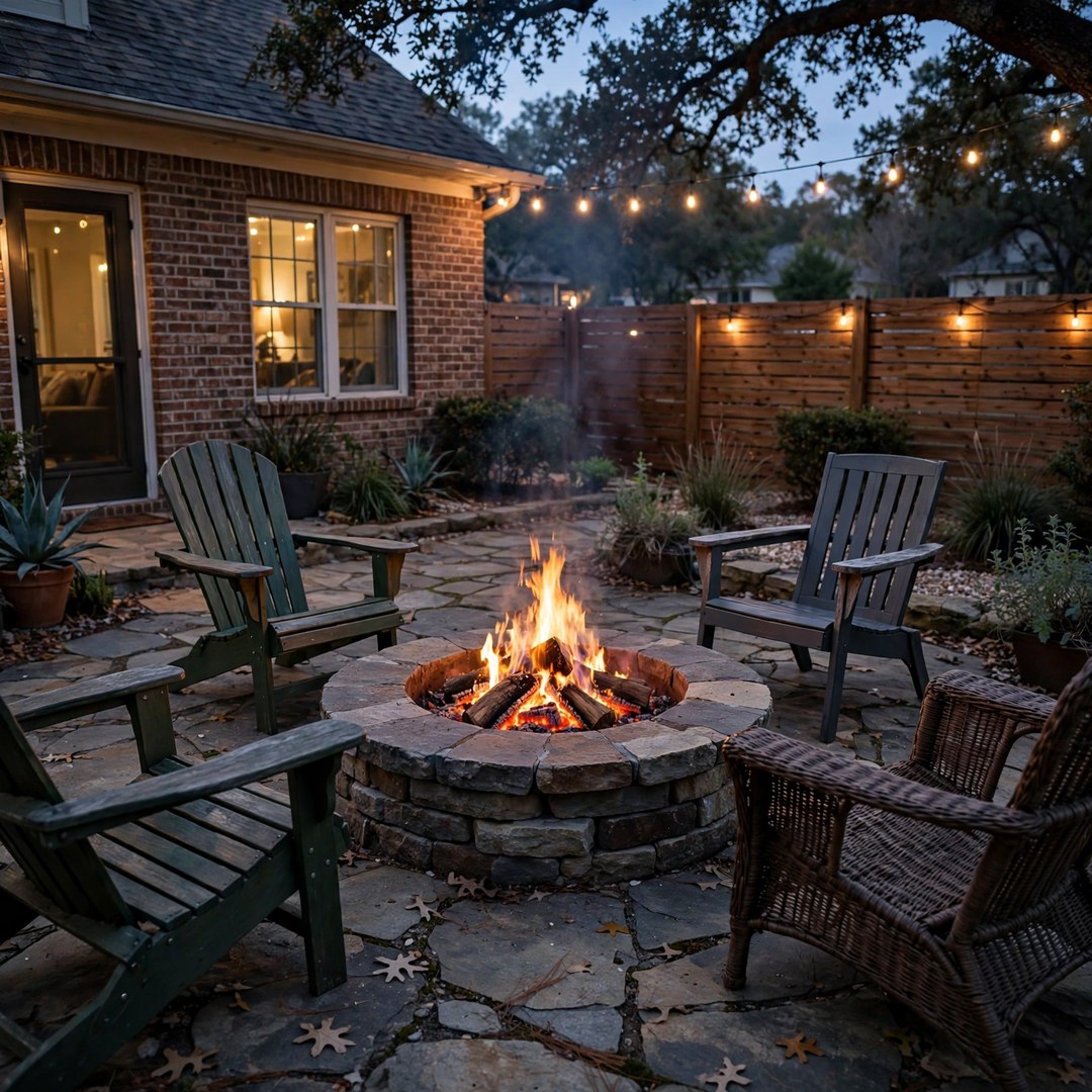 Round stone fire pit with chairs around it at dusk