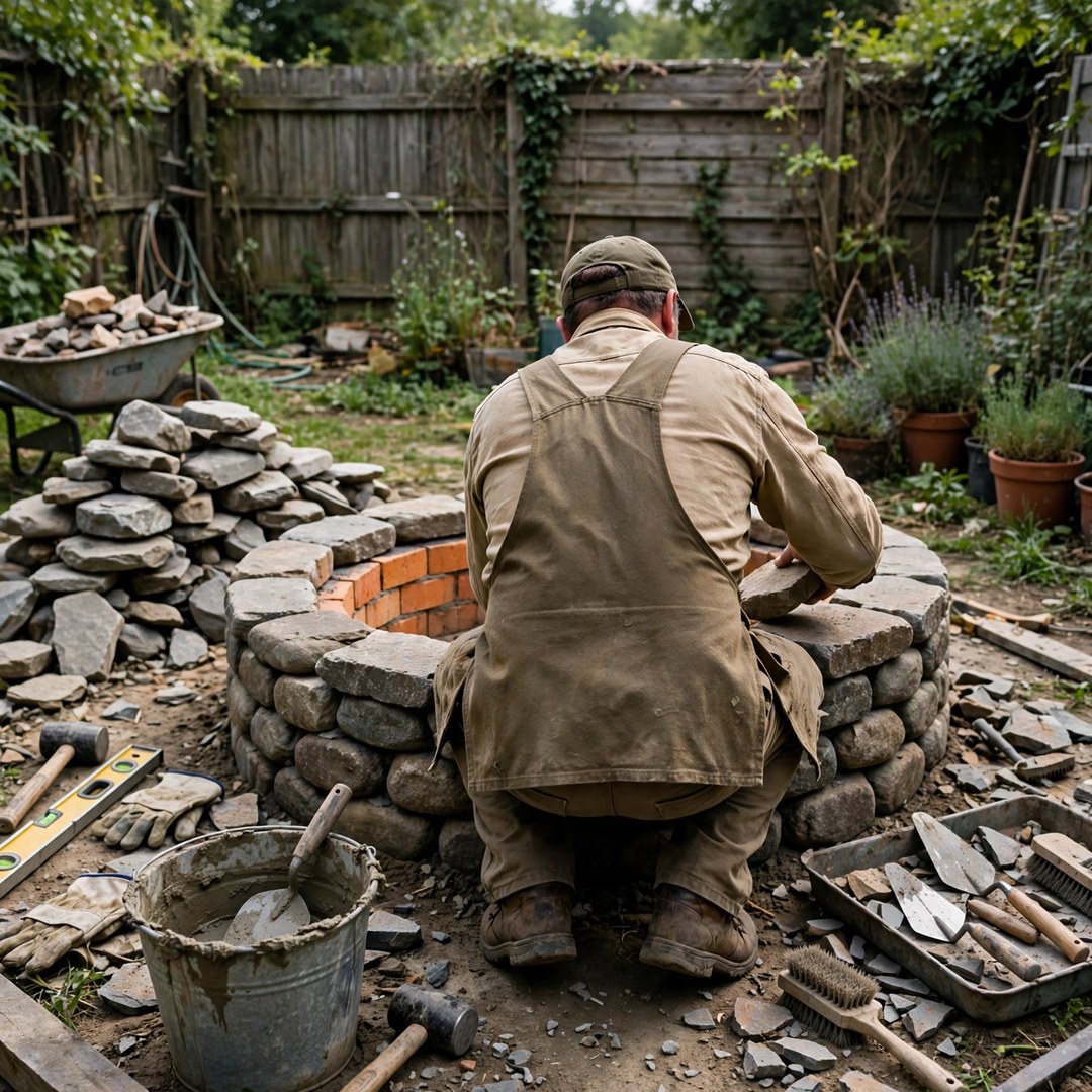 Mason setting the final stones on a round stone fire pit in a Corinth backyard