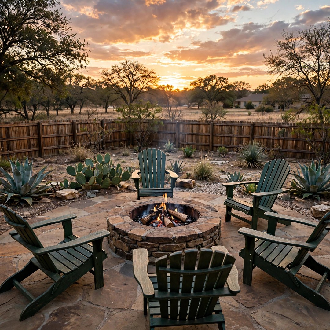 Round stone fire pit with Adirondack chairs on an open patio at sunset
