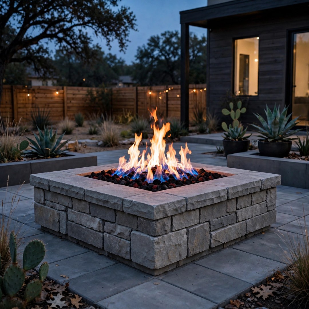 Square stone gas fire pit with clean flames over lava rock at dusk