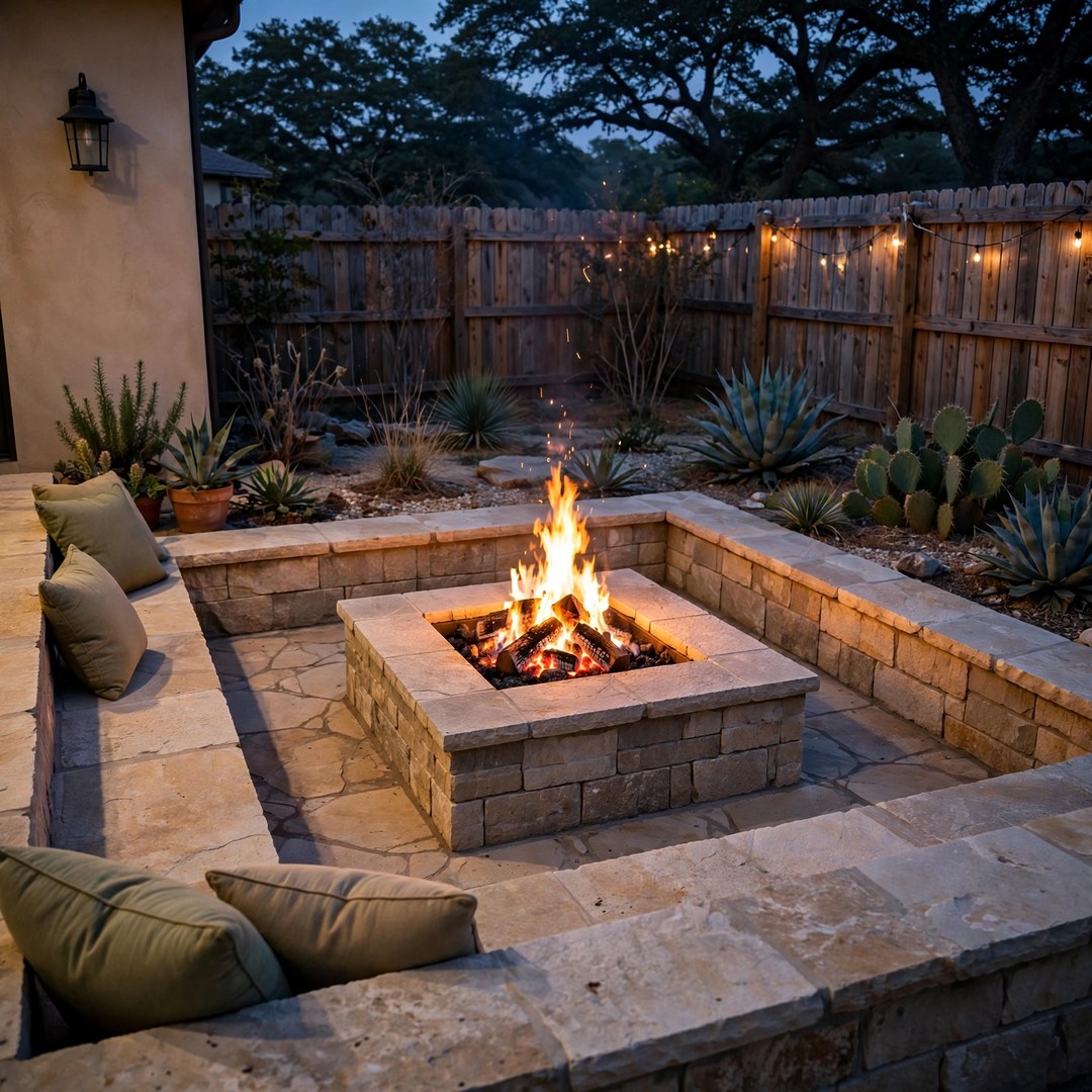 Square stone fire pit with built-in bench seating on a patio