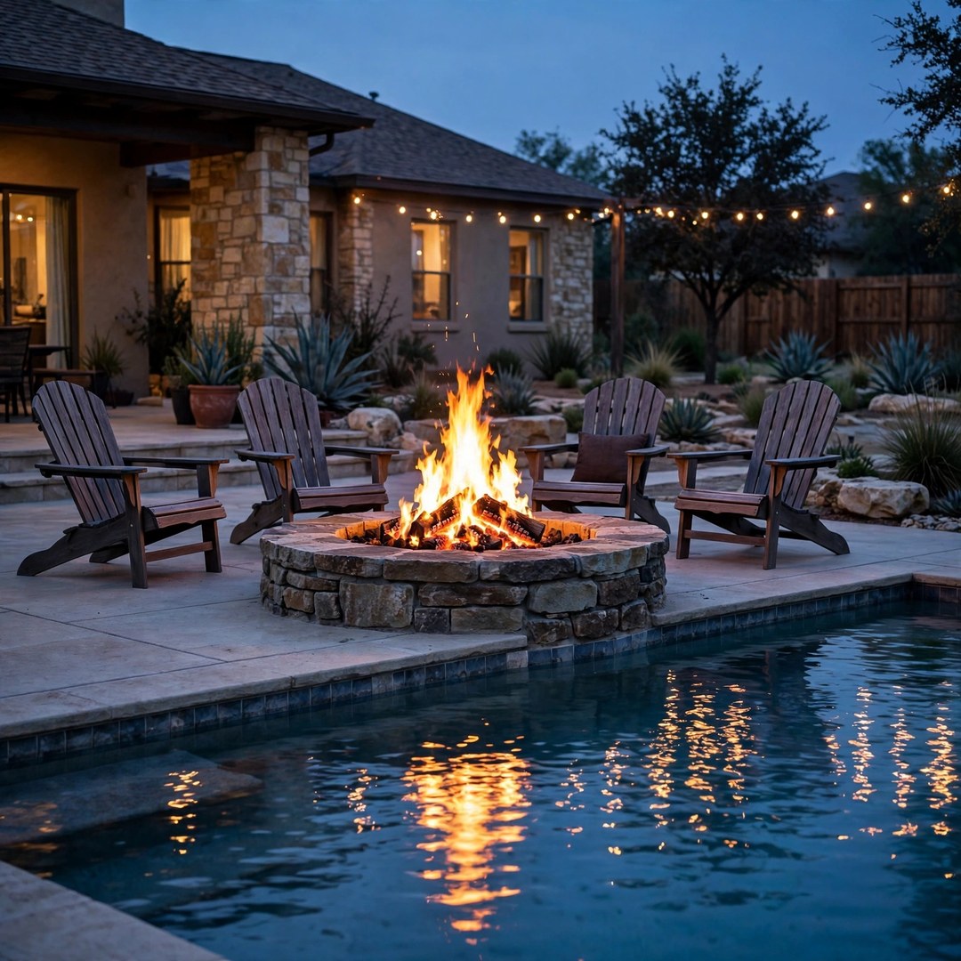 Stone fire pit at the edge of a pool deck with flames reflecting in the water