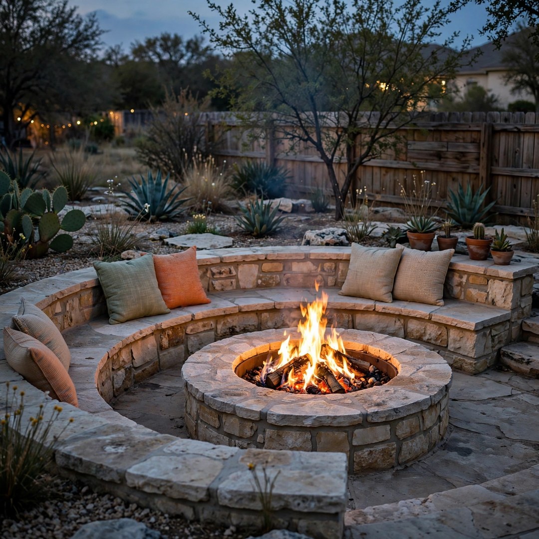 Stone fire pit with a curved seating wall and cushions in Corinth, TX
