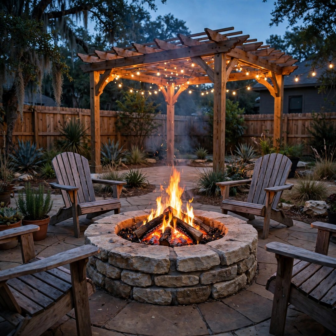 Patio Covers Corinth TX 6 Round stone fire pit with real flames and chairs around it at twilight