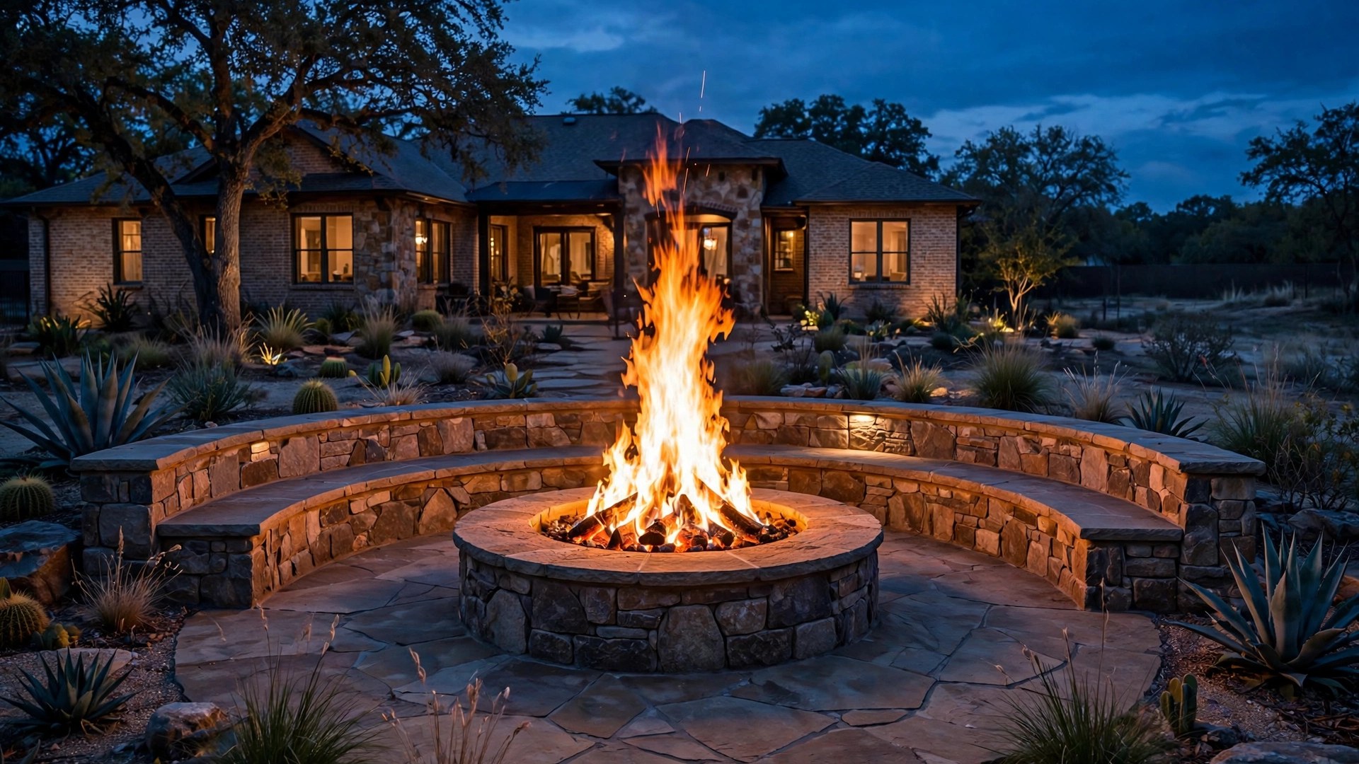 Fire pits Corinth TX: large round stone fire pit with a seating wall at twilight in Corinth