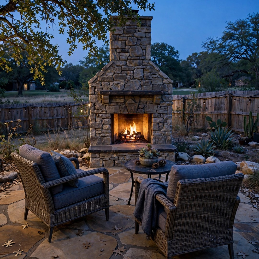 Stone outdoor fireplace with armchairs on a North Texas patio