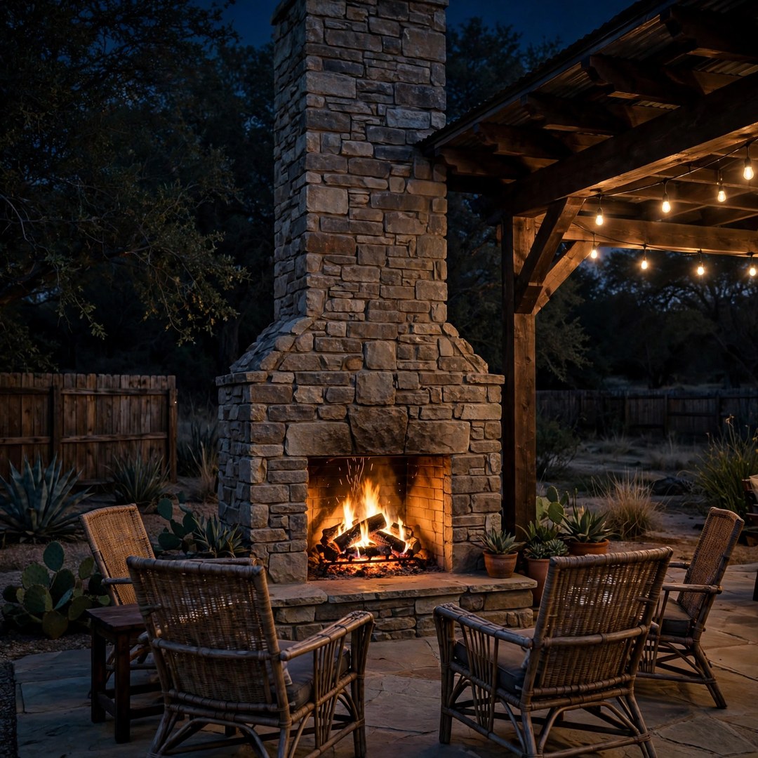 Tall stone outdoor fireplace at the edge of a covered patio