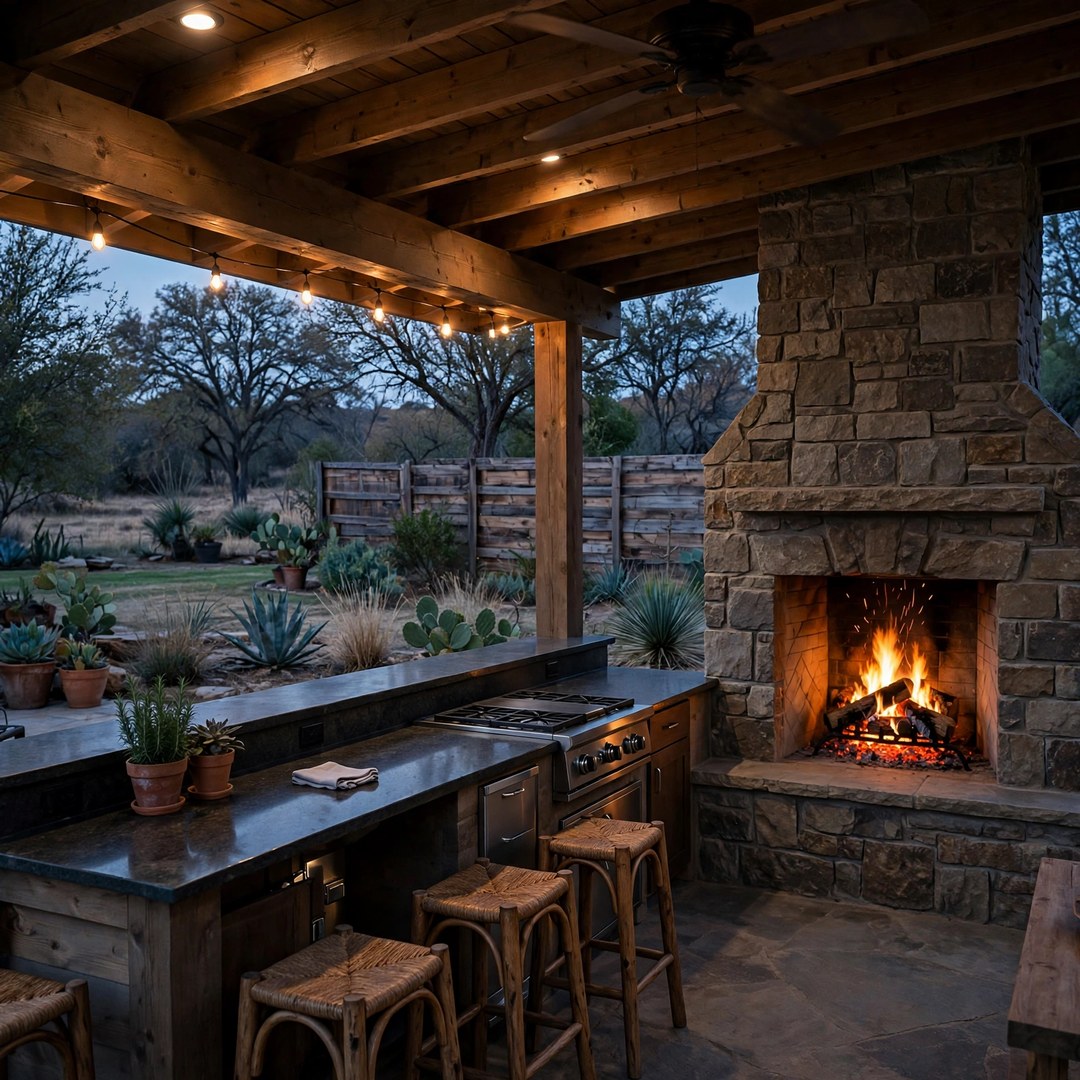 Stone outdoor fireplace at the end of a covered kitchen patio