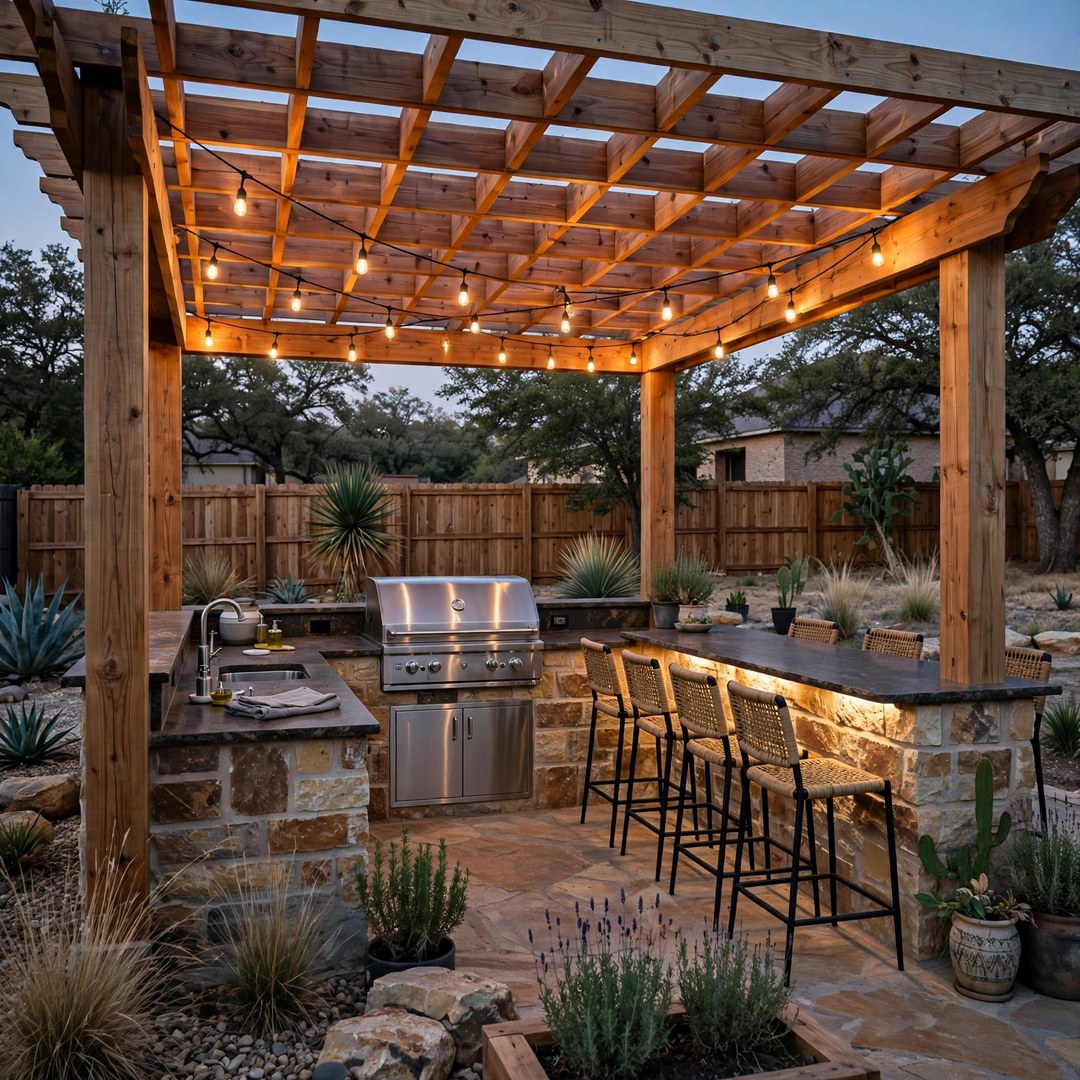 Outdoor kitchen with bar seating under a cedar cover in North Texas