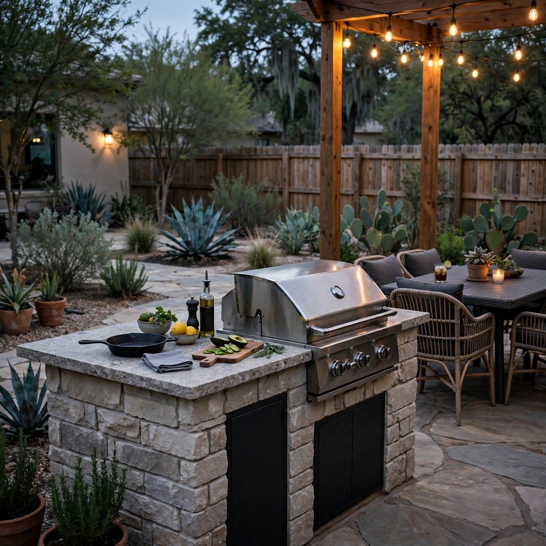 Outdoor kitchen island near a patio seating area in Corinth, TX