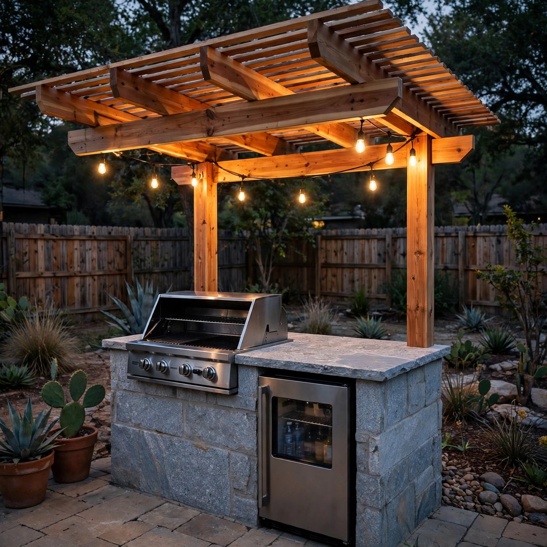 Compact outdoor kitchen island under a cedar cover in Corinth, TX