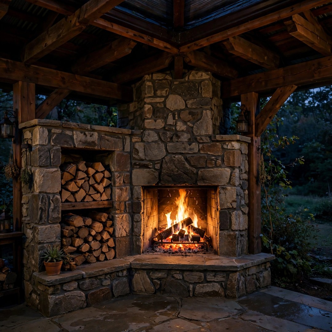 Corner stone outdoor fireplace with wood storage niche on a covered patio in Corinth, TX