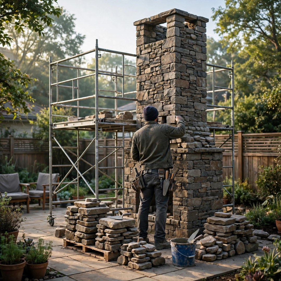 Mason building a tall stone outdoor fireplace chimney in a Corinth backyard