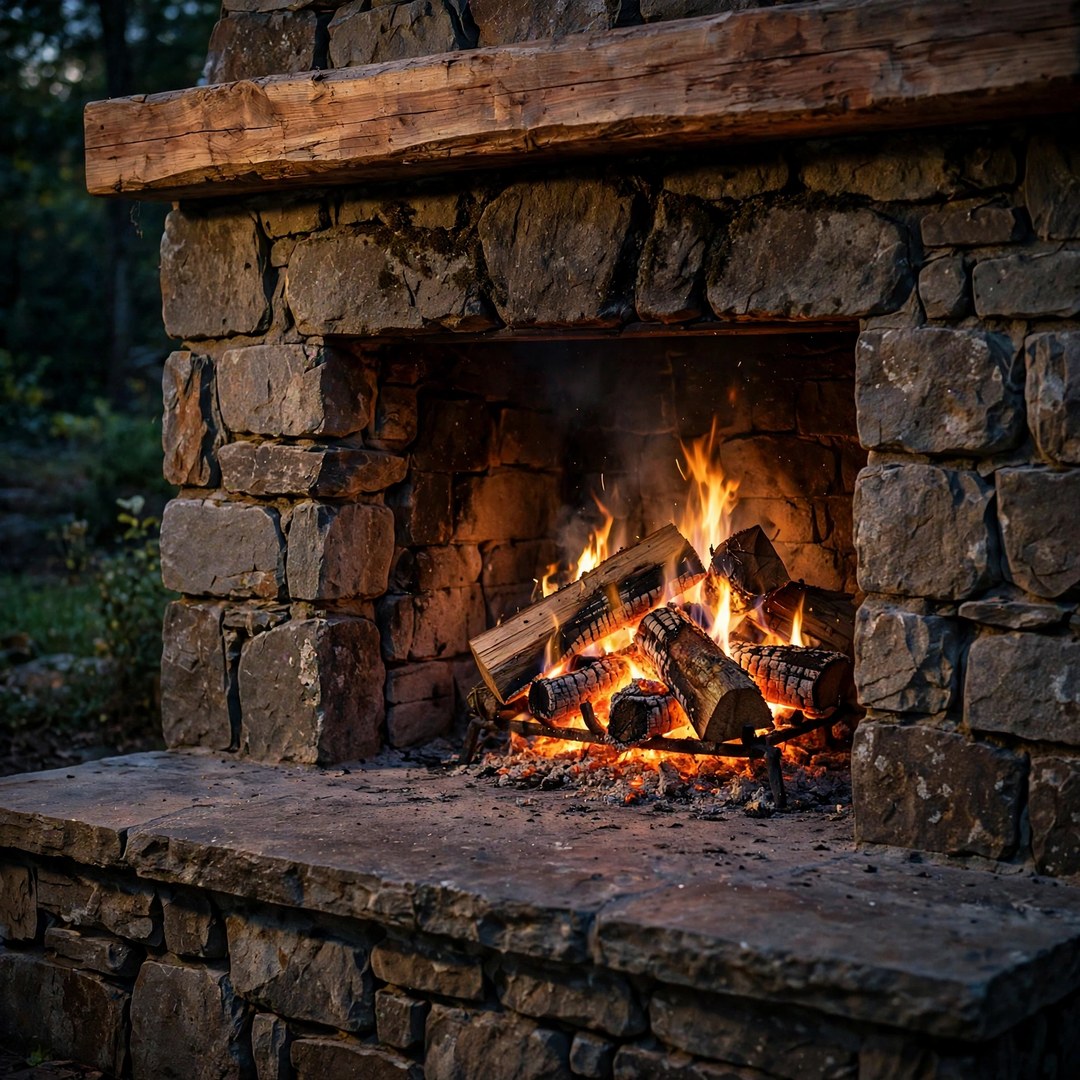 Stone fireplace firebox with burning logs, raised hearth, and a cedar mantel beam