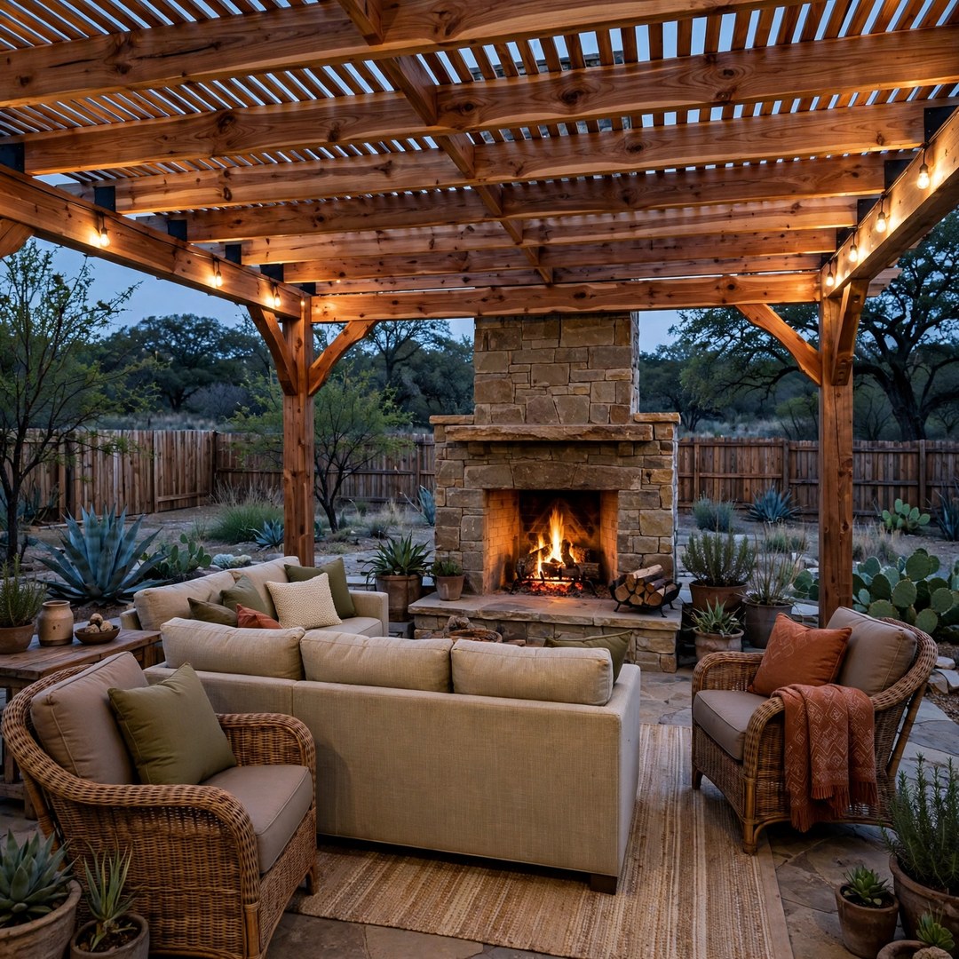 Outdoor living room seating facing a stone fireplace under a cedar cover