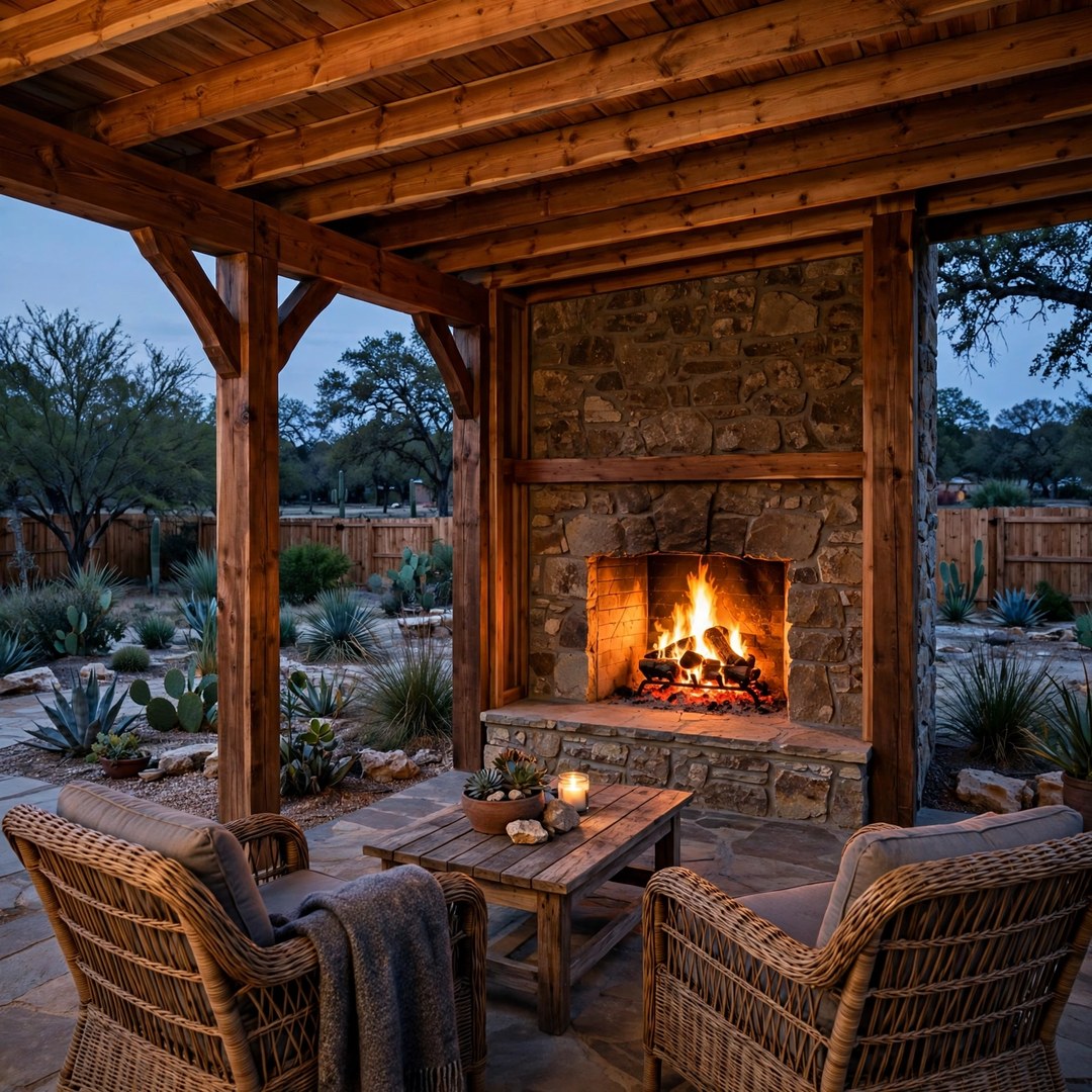 Patio Covers Corinth TX 5 Stone outdoor fireplace with a fire burning at the end of a cedar patio cover